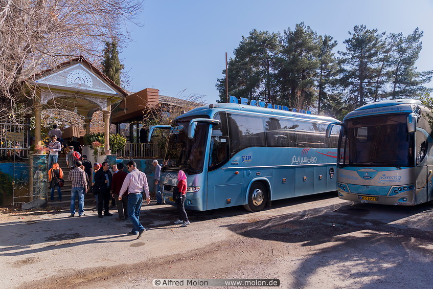19 Tourist buses parking at Laneh Tavoos restaurant
