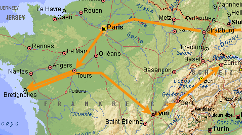 Map of trip to France