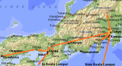 Map of trip to Japan
